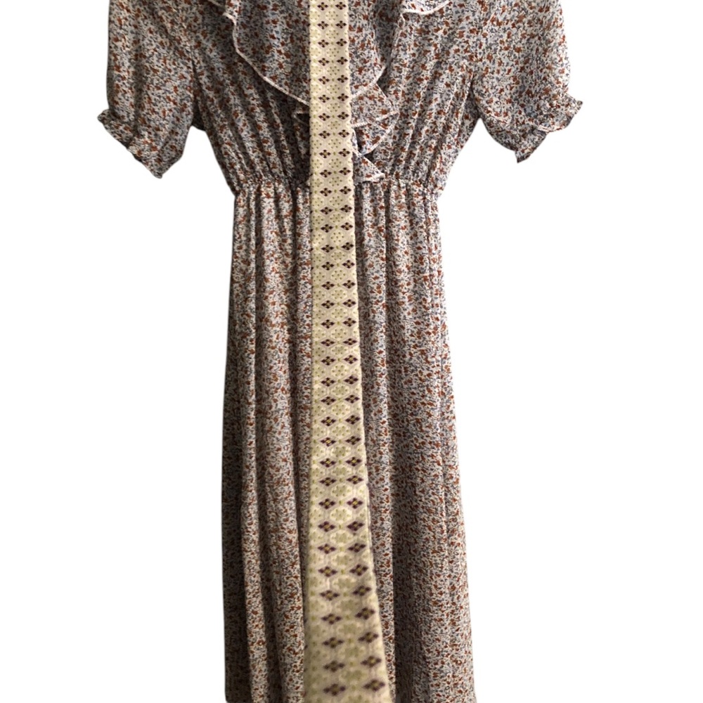 Cottagecore Ditsy Floral Midi Dress Ruffled Neckline Empire Waist Sheer Pullover - Picture 7 of 11